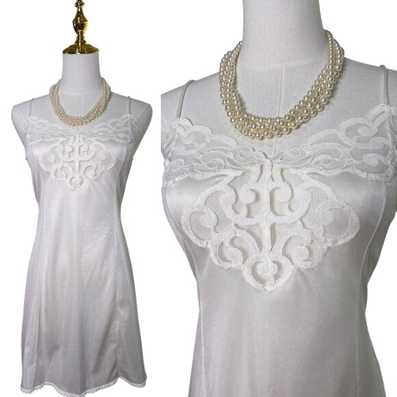 Vintage 60s Euro White Satin Nylon Scallop Lace Mini Slip Dress Women’s Size S - Picture 1 of 9